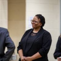 GVSU administrators and Bellamy Creek Program advisory board members talk before convocation